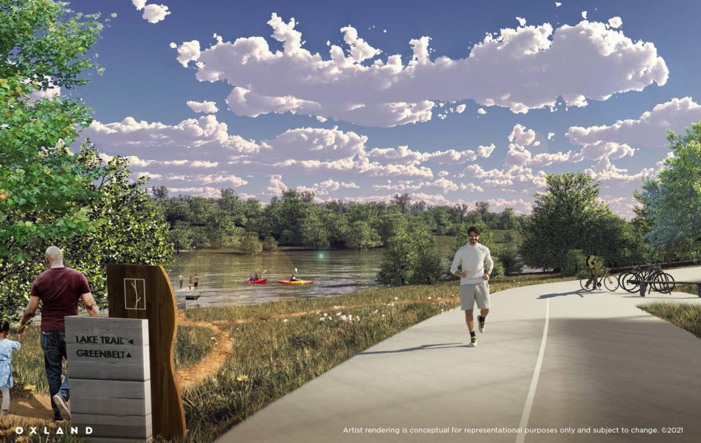 Rendering of man running on trail beside lake with canoers.