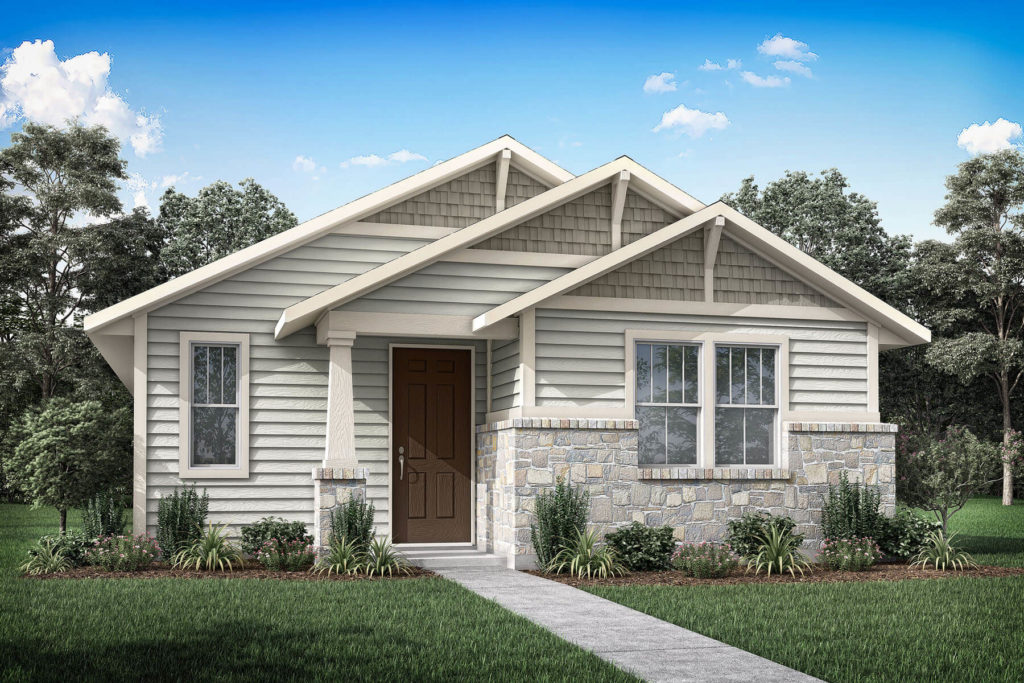 A rendering of a small house with a front porch, located in the McKinney neighborhood surrounded by nature. This charming home showcases the allure of new homes in this tranquil setting.
