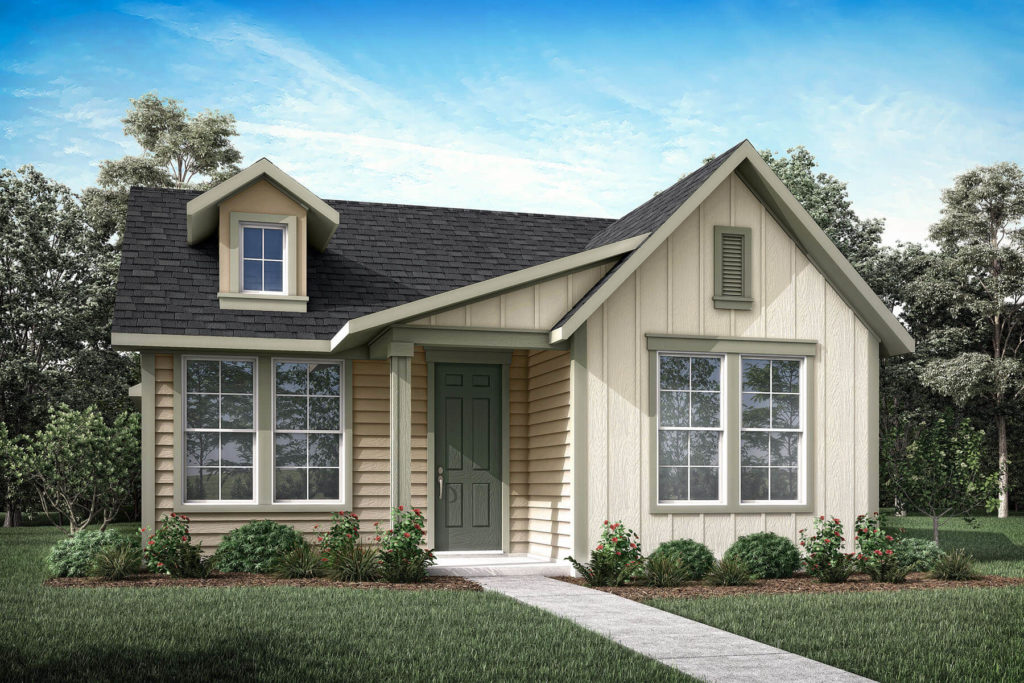 A rendering of a small house with a front porch nestled in the nature of McKinney.