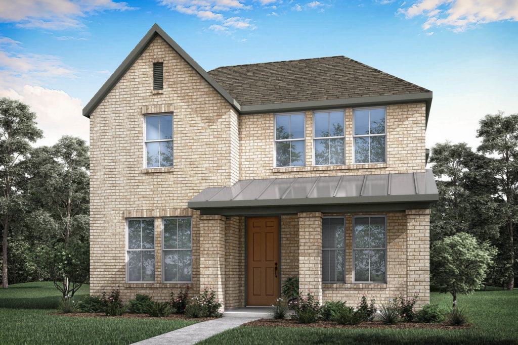 A rendering of a two-story home located in McKinney, Texas, surrounded by scenic trails.