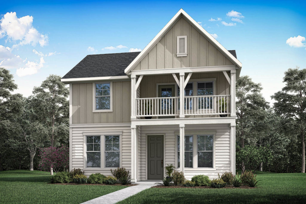 A rendering of a two story home with a balcony overlooking a serene lake in McKinney.