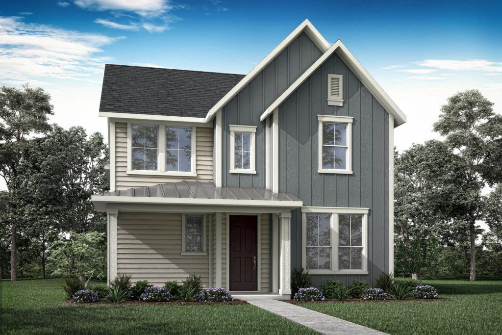 A rendering of a two story New Homes in Texas, located near a scenic Lake.