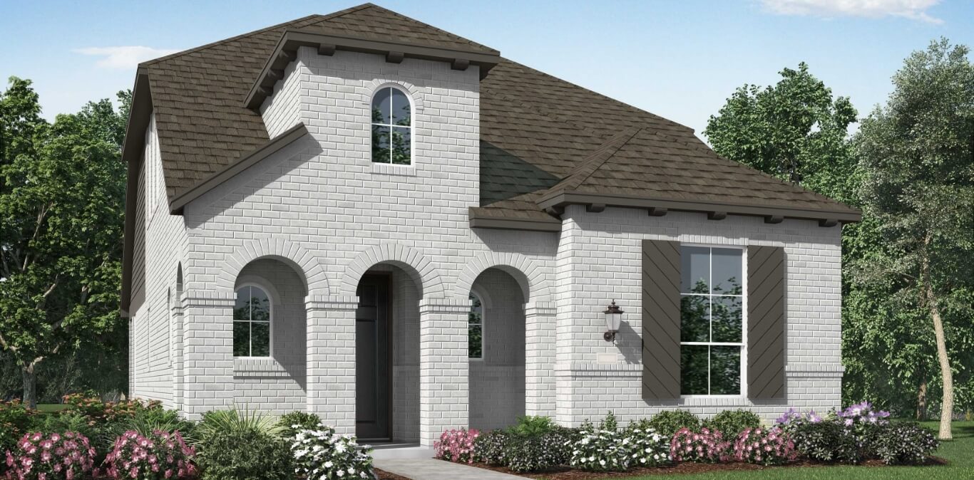 A rendering of a two-story home in Texas with a front porch nestled amidst nature.