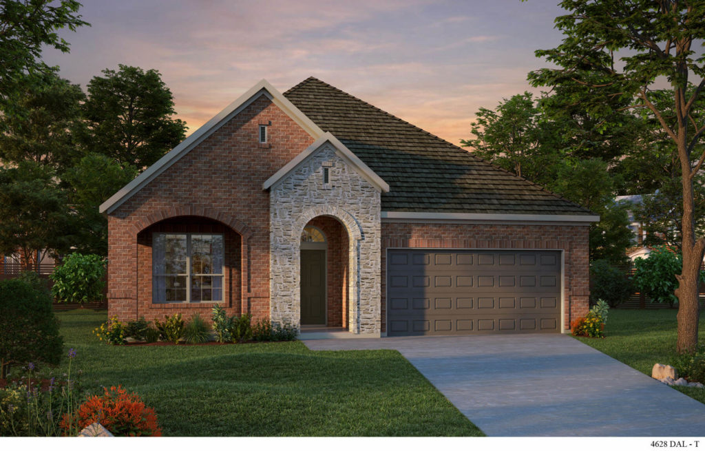 A rendering of a Texas brick home at dusk overlooking a lake.