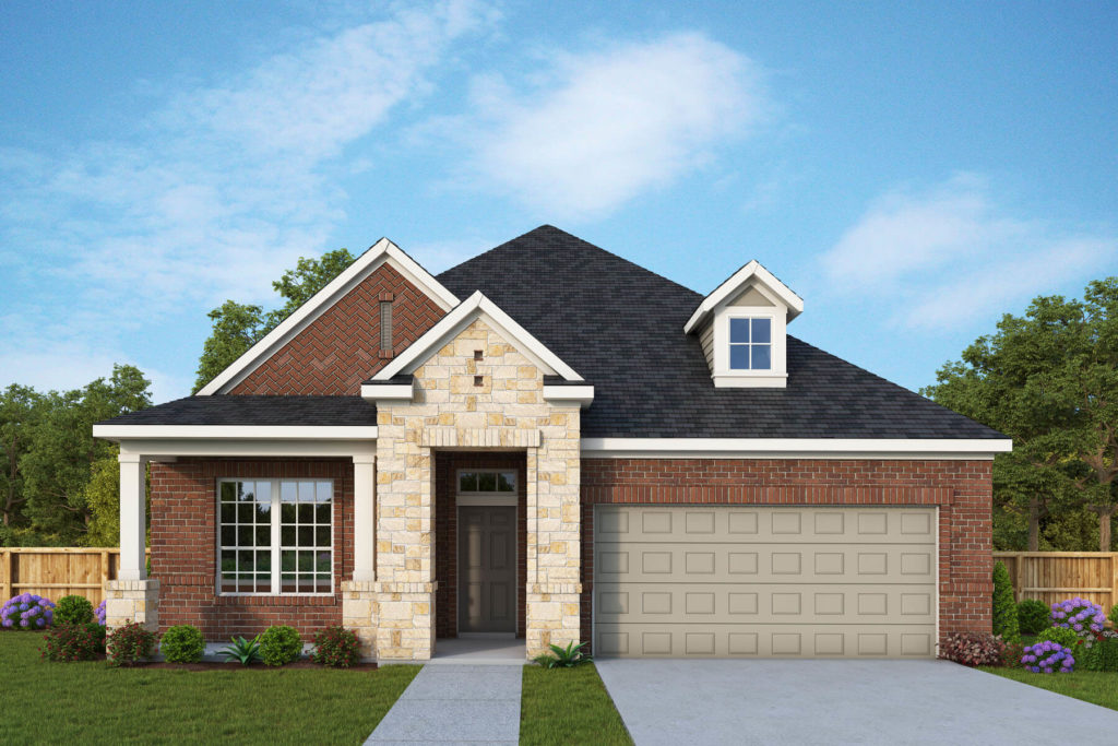 A rendering of a new brick home with a garage, nestled amidst nature.