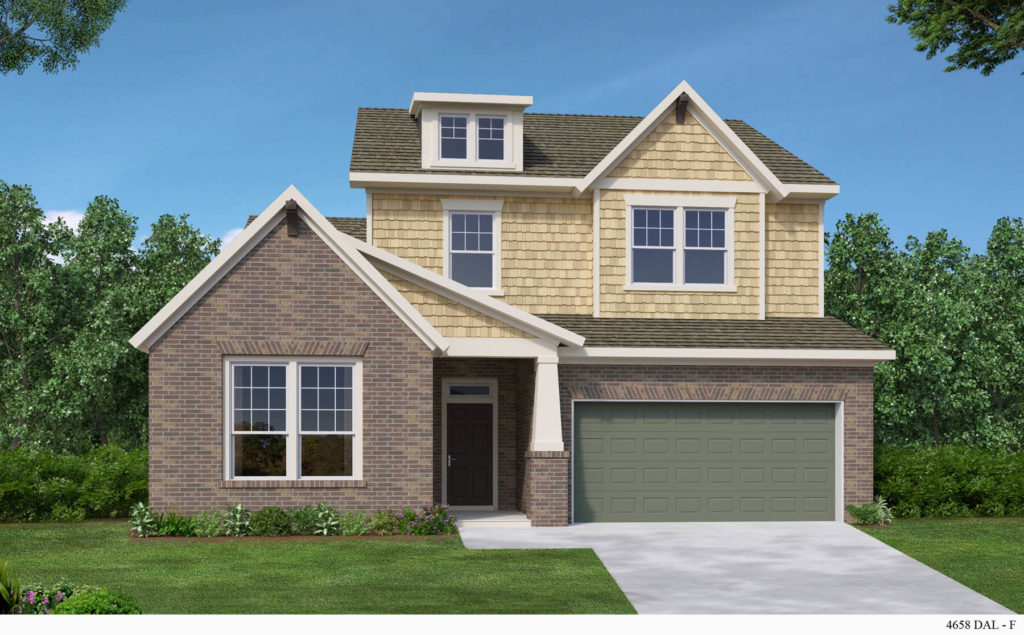 A rendering of a McKinney two-story home with a garage nestled in nature trails.