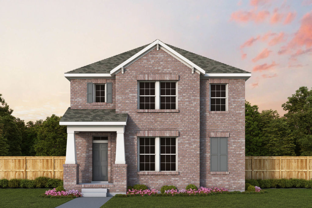 A rendering of a two story brick home situated near a tranquil lake in McKinney.