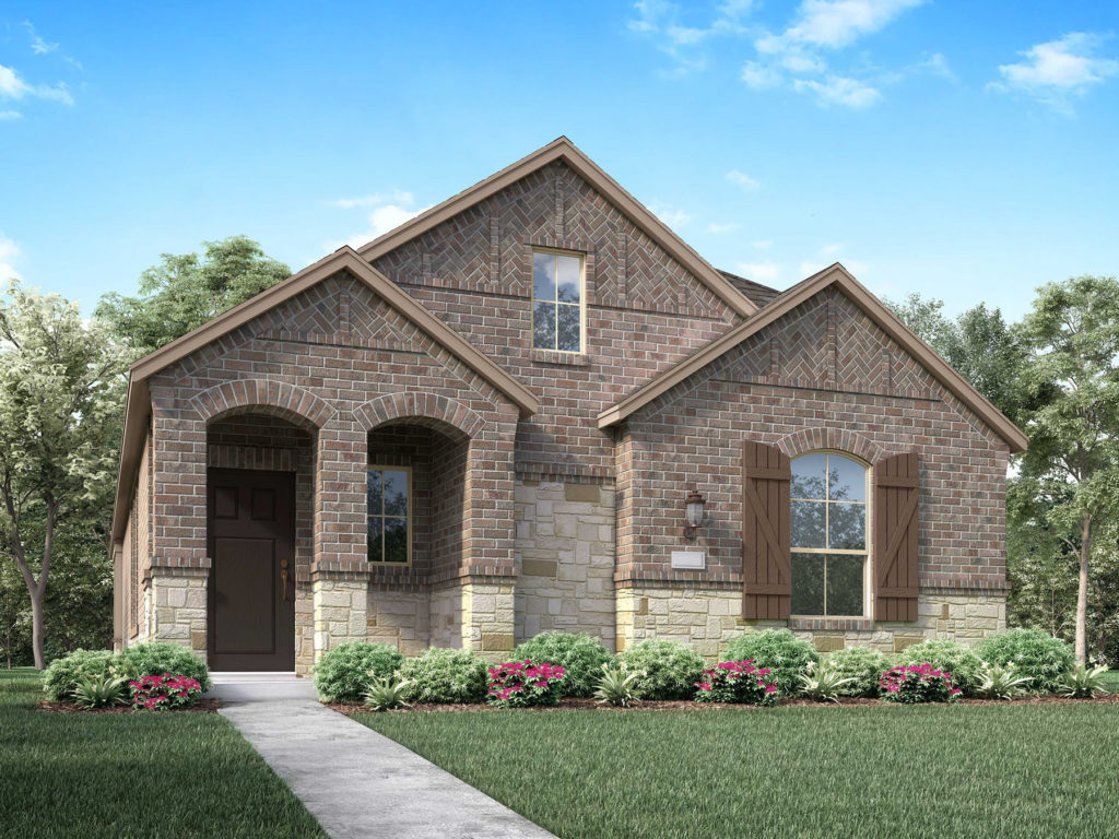 A rendering of a two story brick home nestled amidst the Texas nature.