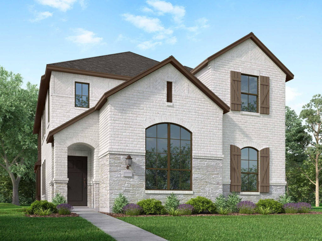 A rendering of a two story home in McKinney, Texas surrounded by nature and trails.