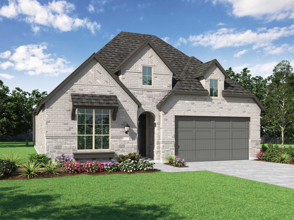 A beautiful rendering of a two-story home with a garage situated in the serene nature of McKinney, Texas.