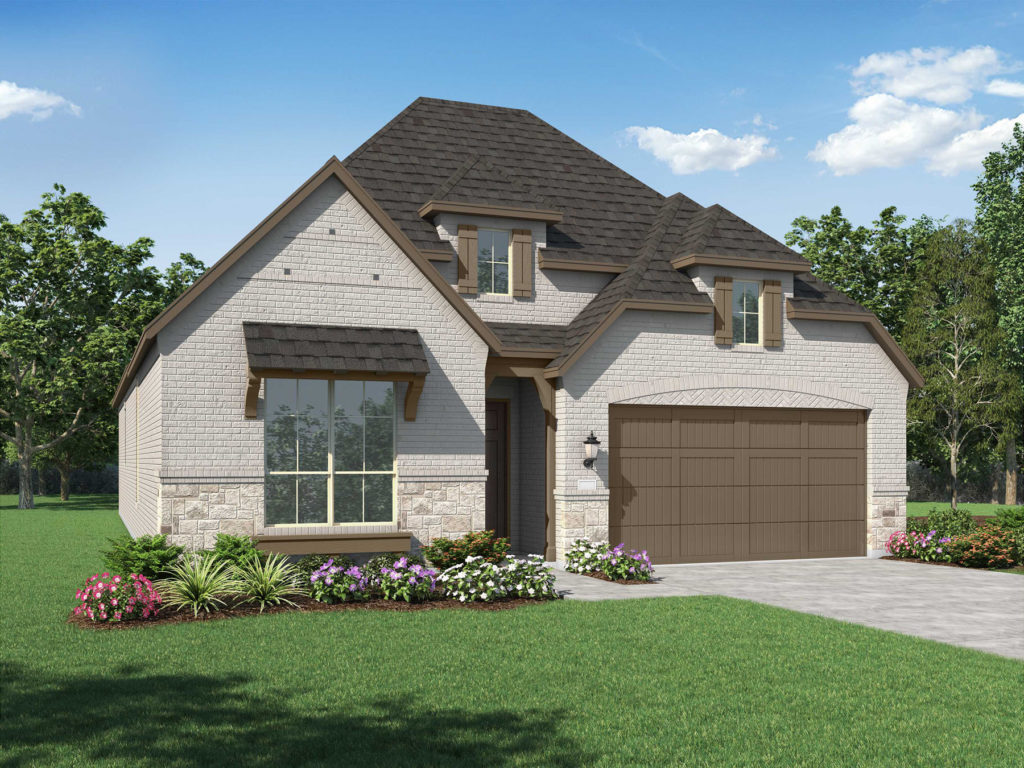 A rendering of a two story Lake home with a garage, harmoniously blending with the surrounding Nature.