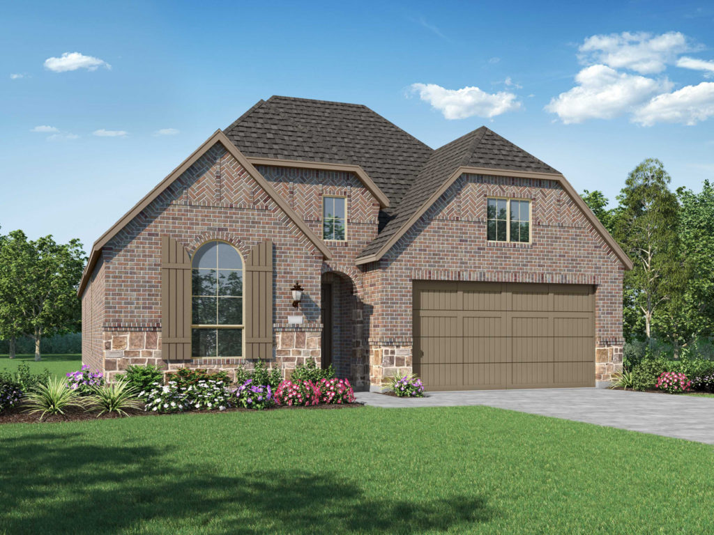 A picturesque rendering of a brick home with a garage nestled in the tranquil nature of McKinney, Texas.