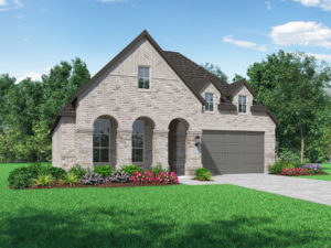 A rendering of a new home with a stone front overlooking a serene lake.