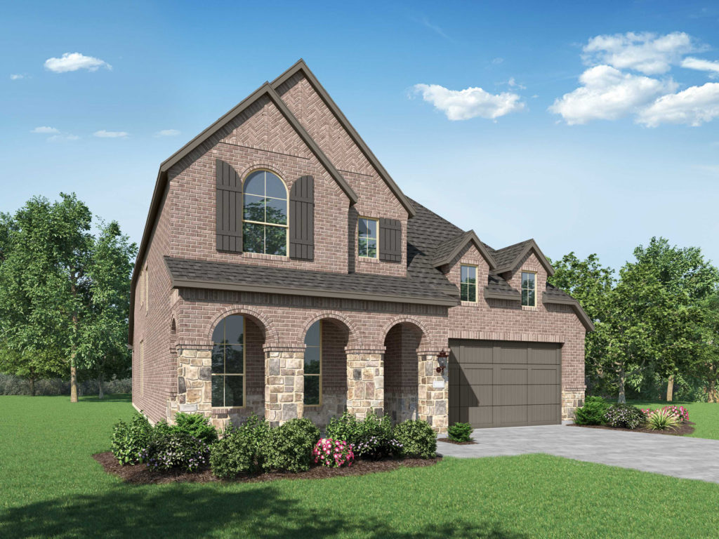 A rendering of a two story home with a garage, nestled in the tranquil nature by Lake McKinney.