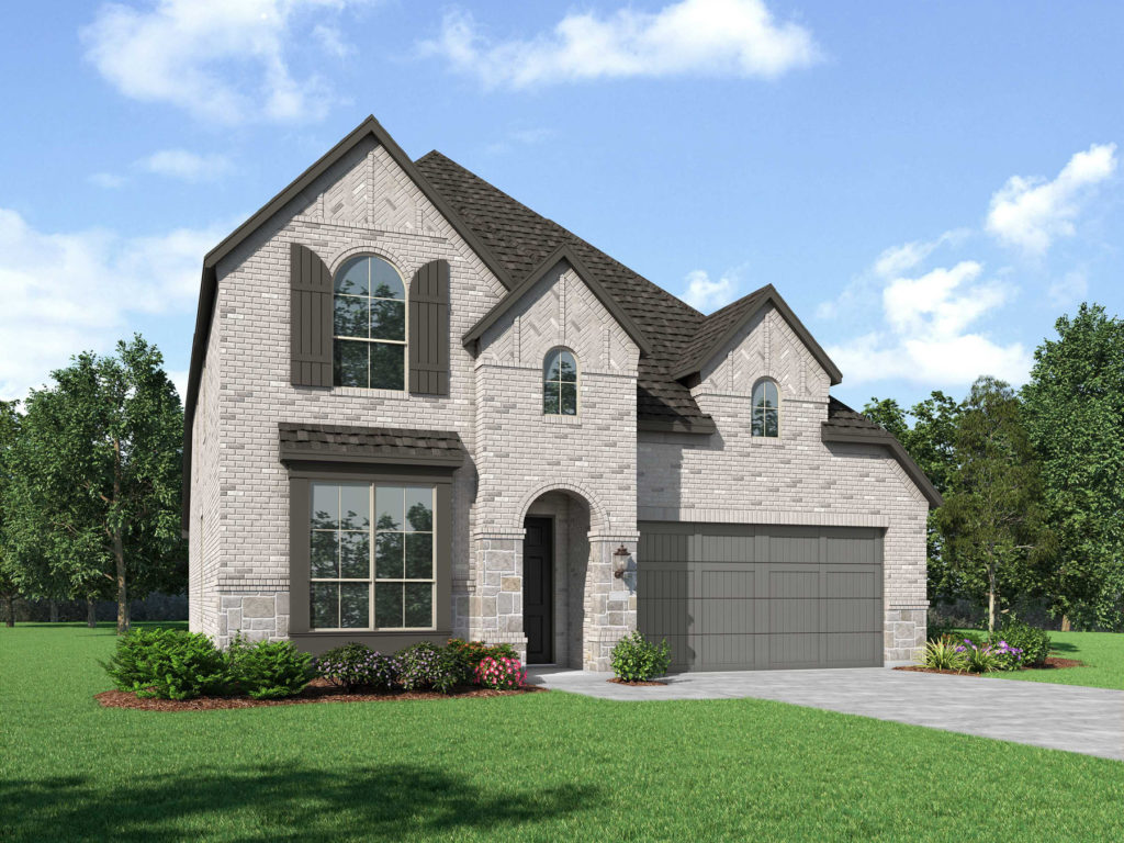 A rendering of a new two story home with a garage, situated near trails and a lake.