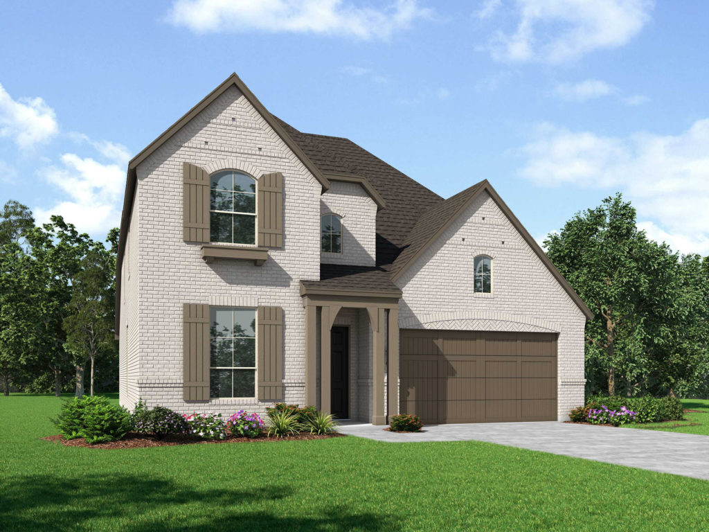 A rendering of a two story home with a garage nestled in nature near McKinney Lake.