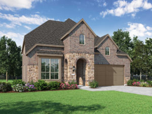 A rendering of a two story home with a garage, nestled in the idyllic tranquility of nature near a serene lake.