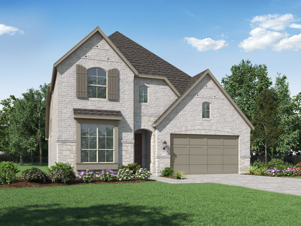 A rendering of a two-story Texas home with a garage.