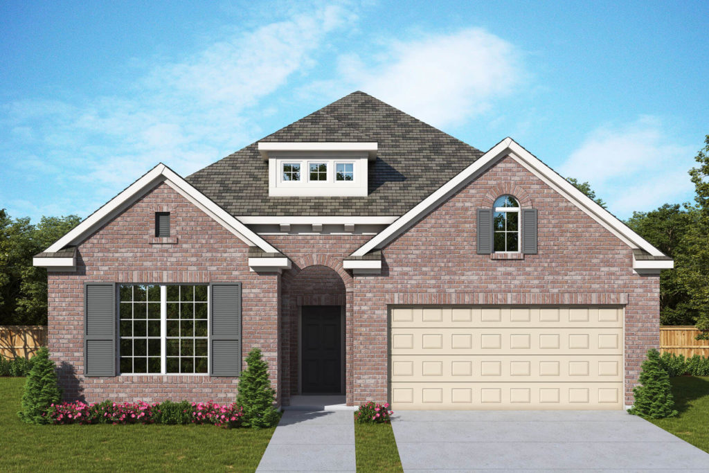 A stunning rendering of a brick home nestled in the enchanting Texas landscape, complete with a spacious garage.