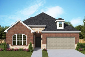 A rendering of a new brick home with a garage in Texas.