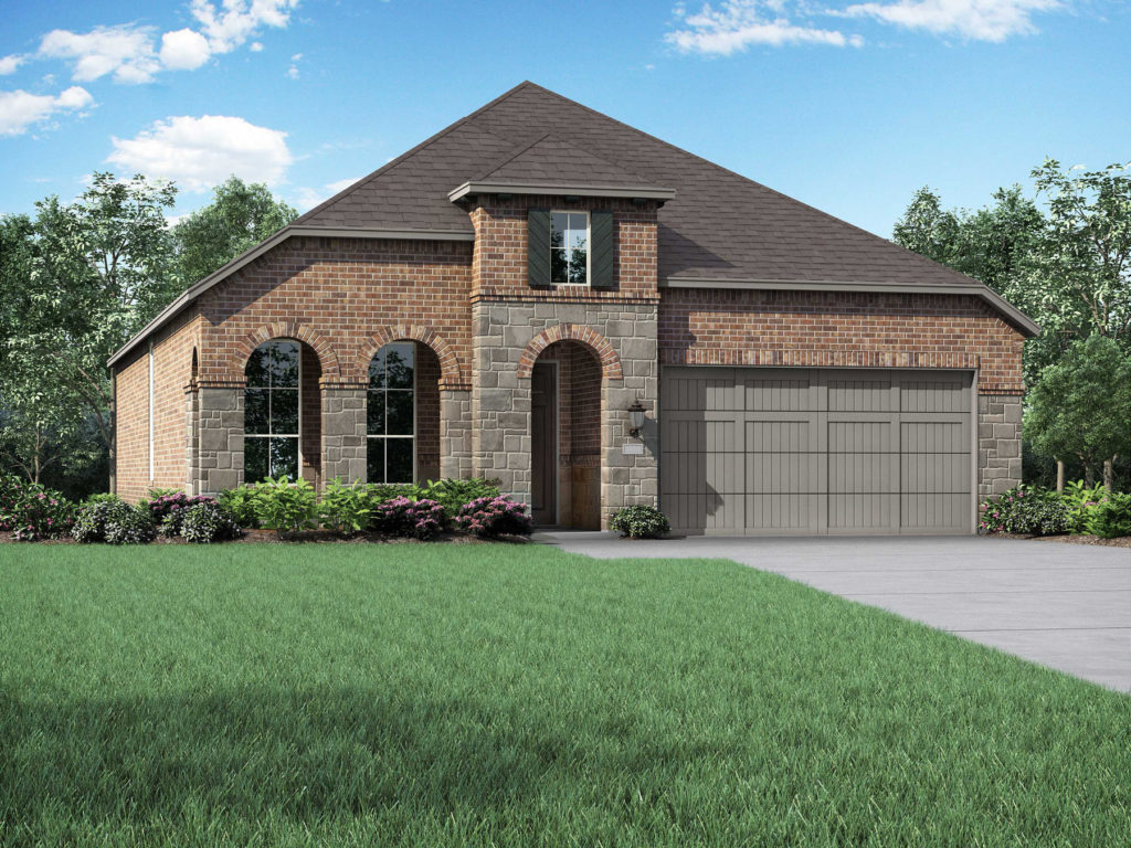 A tranquil rendering of a new brick home nestled amidst the beauty of nature and featuring a garage