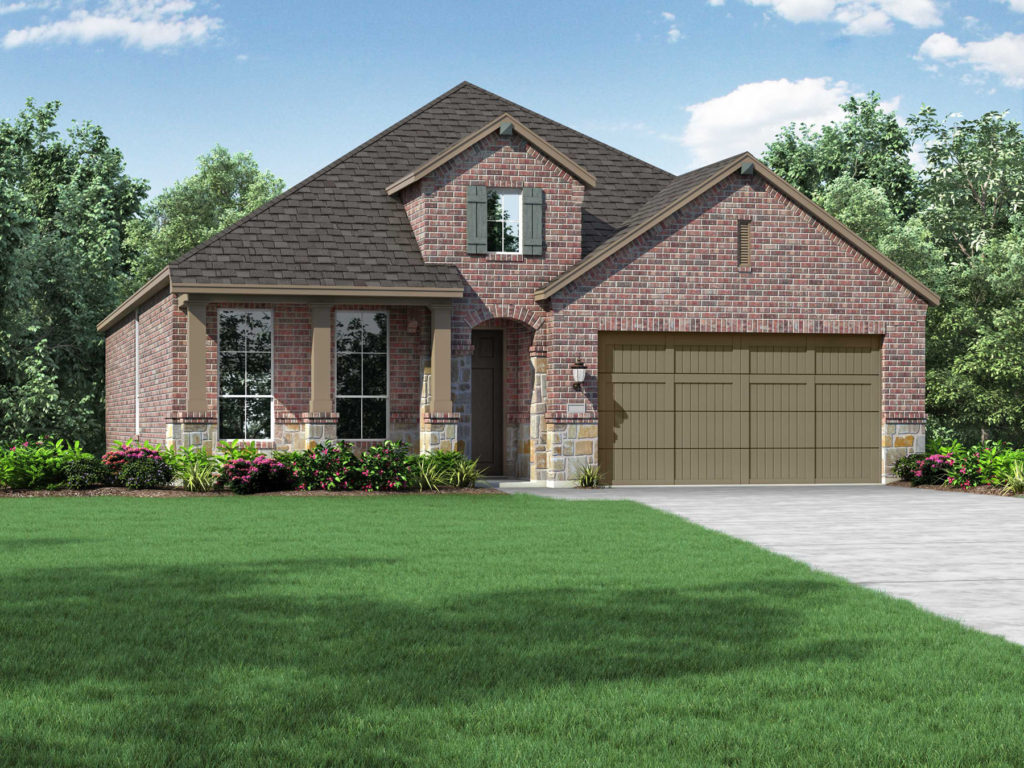 A rendering of a brick home nestled in the Texas countryside next to a tranquil lake.