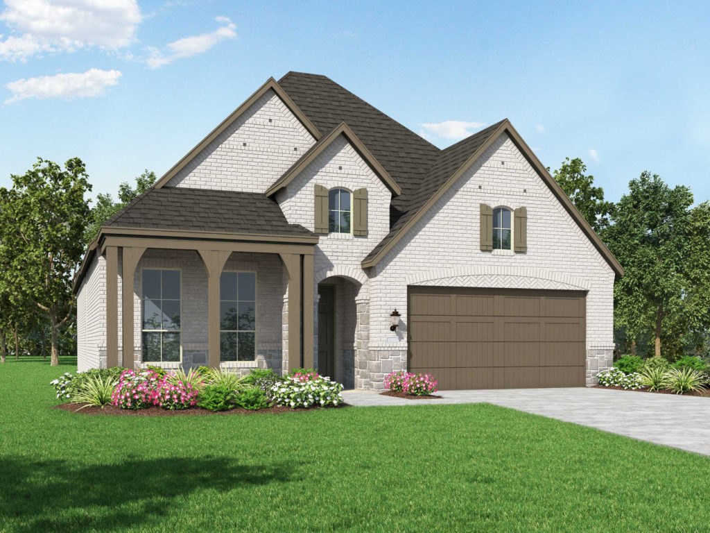 A rendering of a new two story home with a garage in Texas.