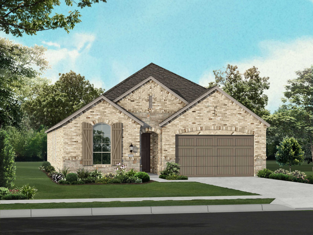 A rendering of a brick home in McKinney surrounded by nature and trails, with a garage.