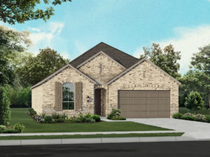 A rendering of a brick home in McKinney surrounded by nature and trails, with a garage.