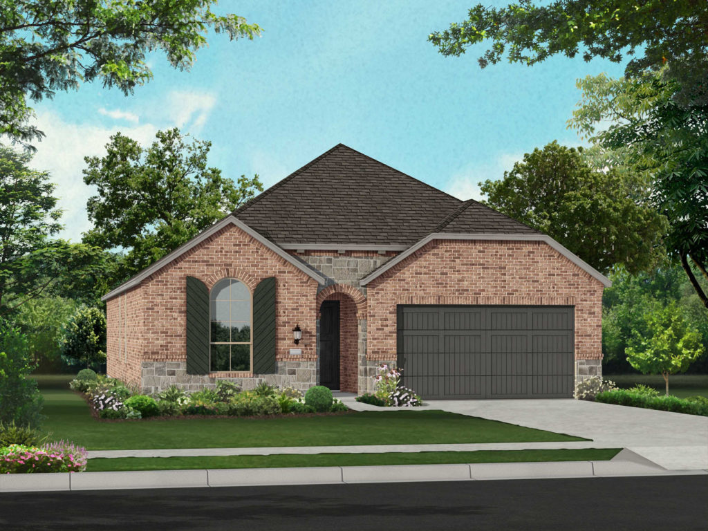 A rendering of a new brick home with a garage, located by a beautiful lake in Texas.