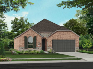 A rendering of a new brick home with a garage, located by a beautiful lake in Texas.