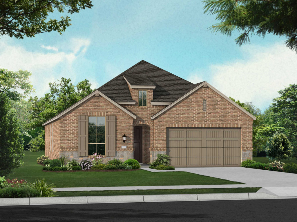 A rendering of a brick home with a garage nestled in the picturesque nature of McKinney.