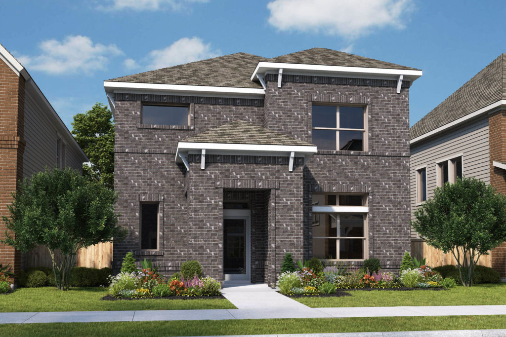 A rendering of a new two-story home in Texas, situated by a beautiful lake.
