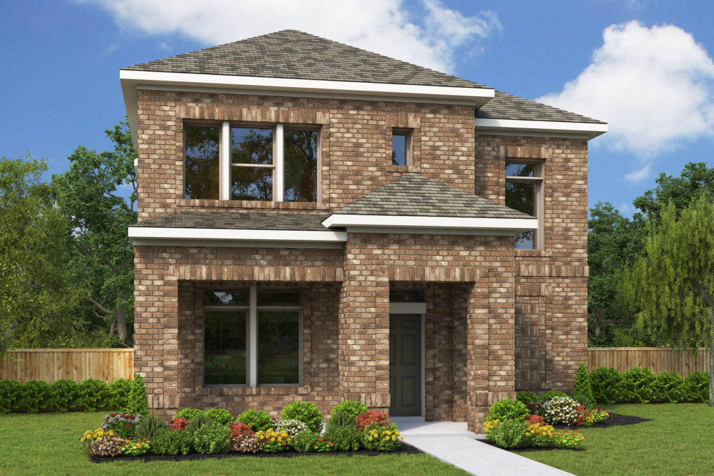 A rendering of a two story brick home nestled in the scenic trails of Texas.