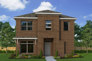 A rendering of a two story brick home surrounded by nature in Texas.