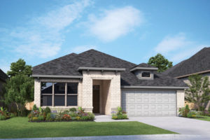 A rendering of a two story home with a garage nestled amidst nature, surrounded by scenic trails.