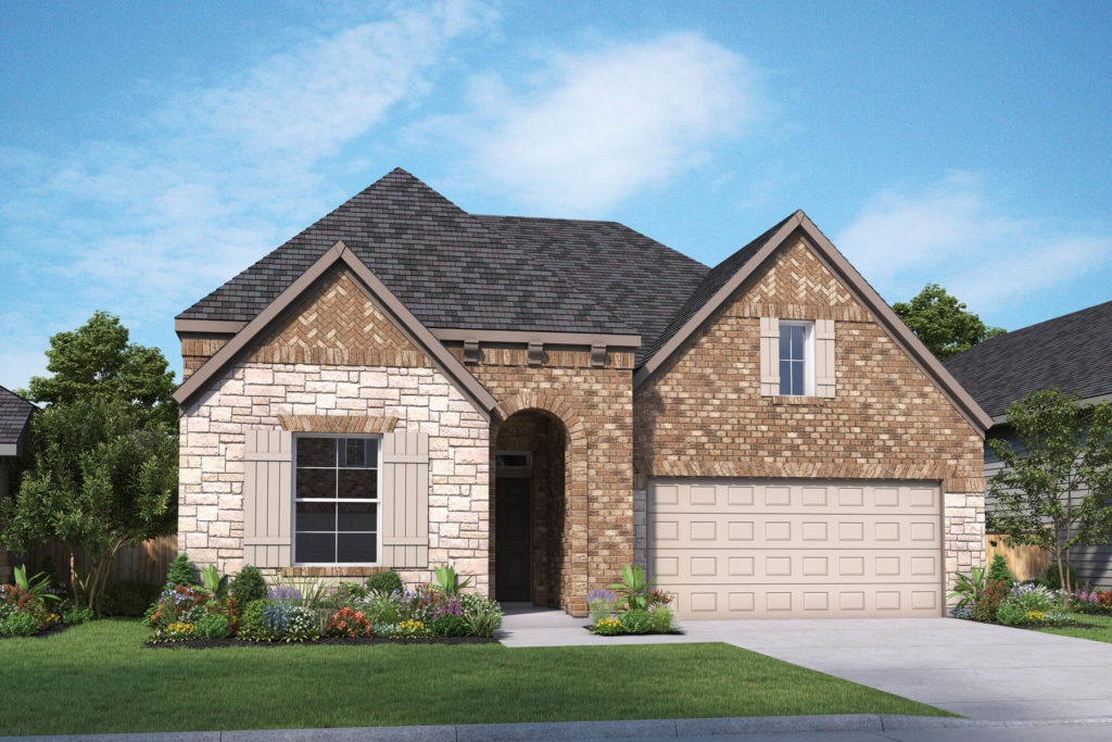 A rendering of a two story home with a garage located in Texas.
