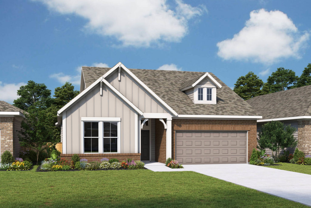 A rendering of a two-story home with a garage nestled in the tranquil nature of McKinney Lake.