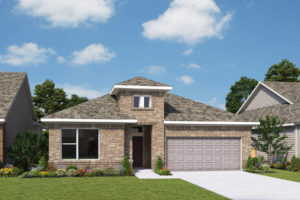 A rendering of a nature-inspired two-story home with a garage, perfect for those seeking new homes surrounded by serene trails.