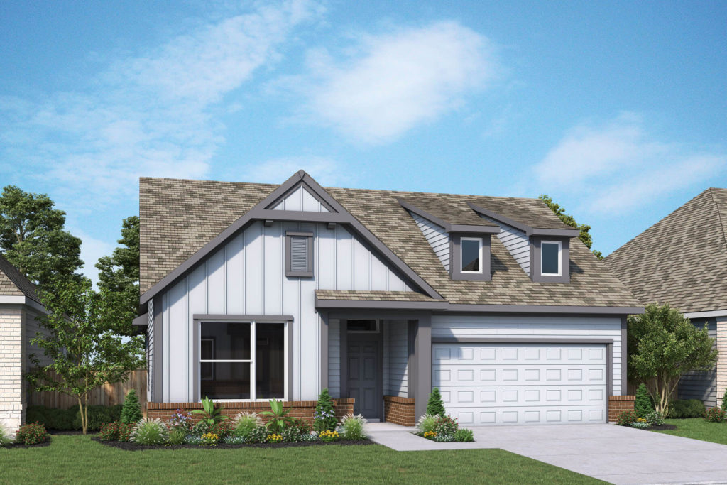 A rendering of a two-story home with a garage in Texas.
