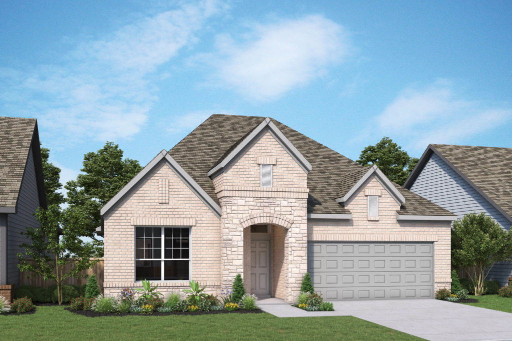 A rendering of a two-story home with a garage, nestled near a tranquil lake.