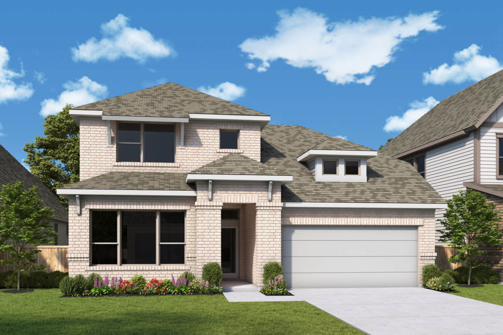 A rendering of a new two story home with a garage in Texas near a lake.