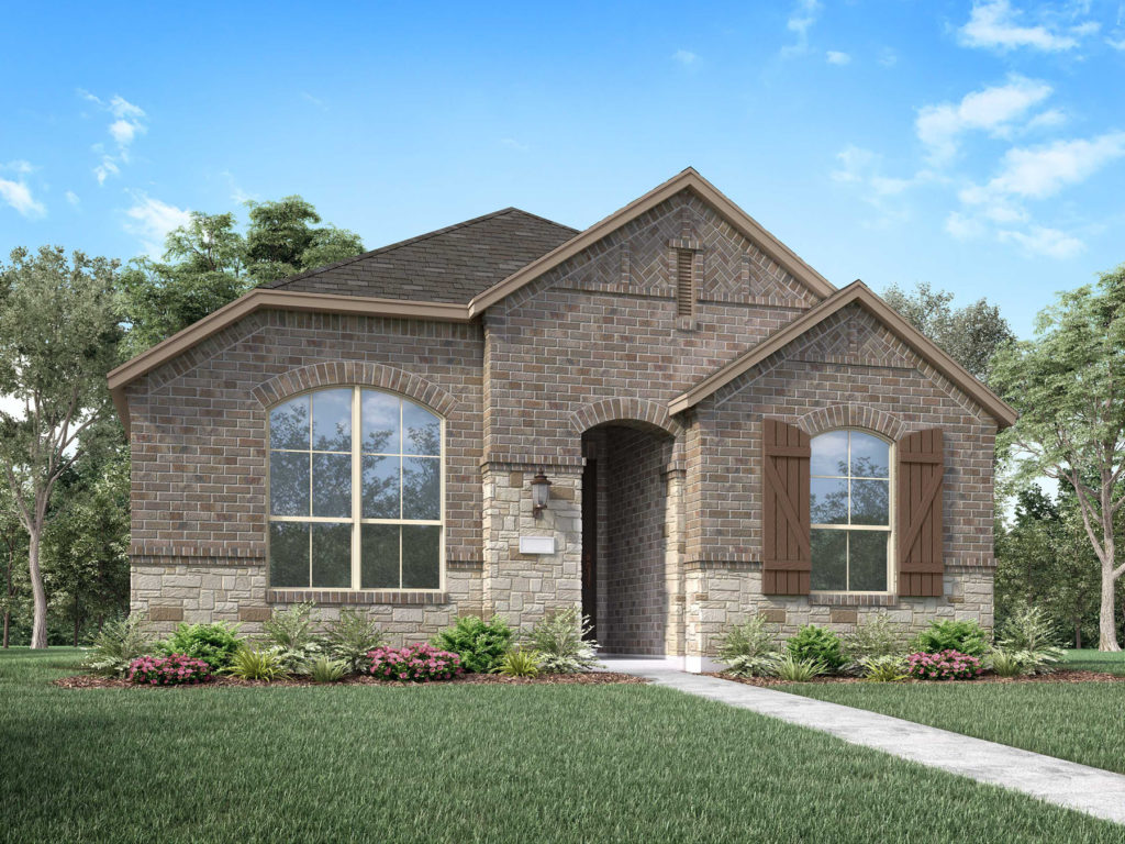 A rendering of a two story brick home located in Texas.