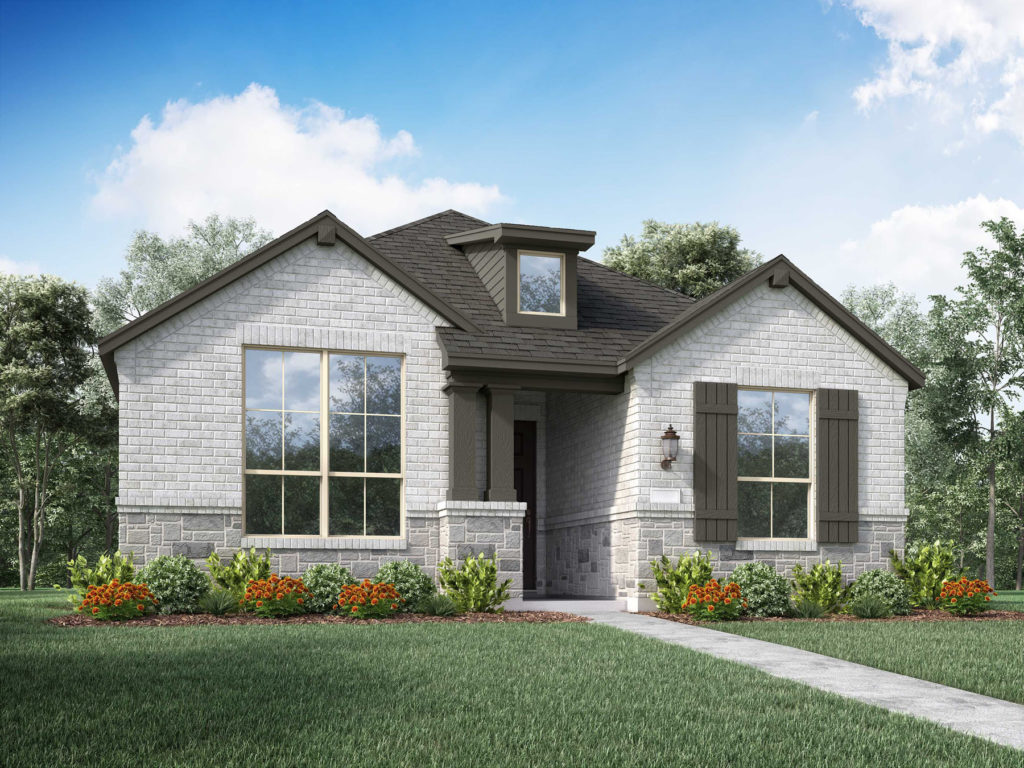 A rendering of a two story home with a front porch, nestled amidst the natural beauty of McKinney.