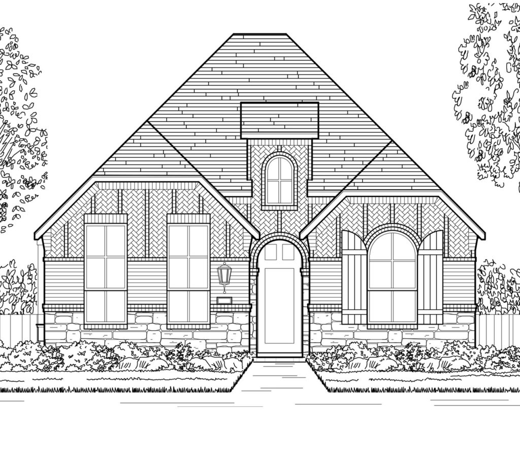 This is a black and white drawing of a lakefront home.