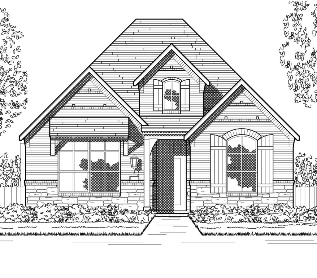 This is a black and white rendering of these nature-inspired house plans.