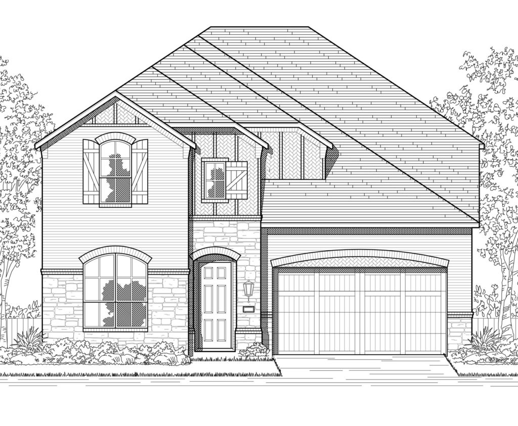 A black and white drawing of a two story home nestled in nature.