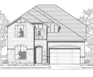 A black and white drawing of a two story home nestled in nature.