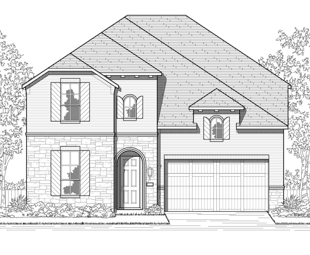 A black and white rendering of a two story home located near McKinney Lake.