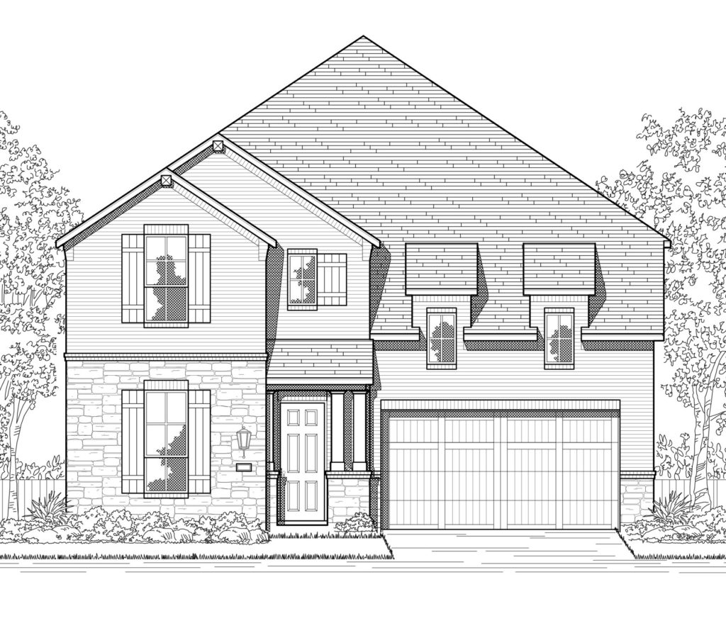 A black and white drawing of a new two story home nestled in nature.